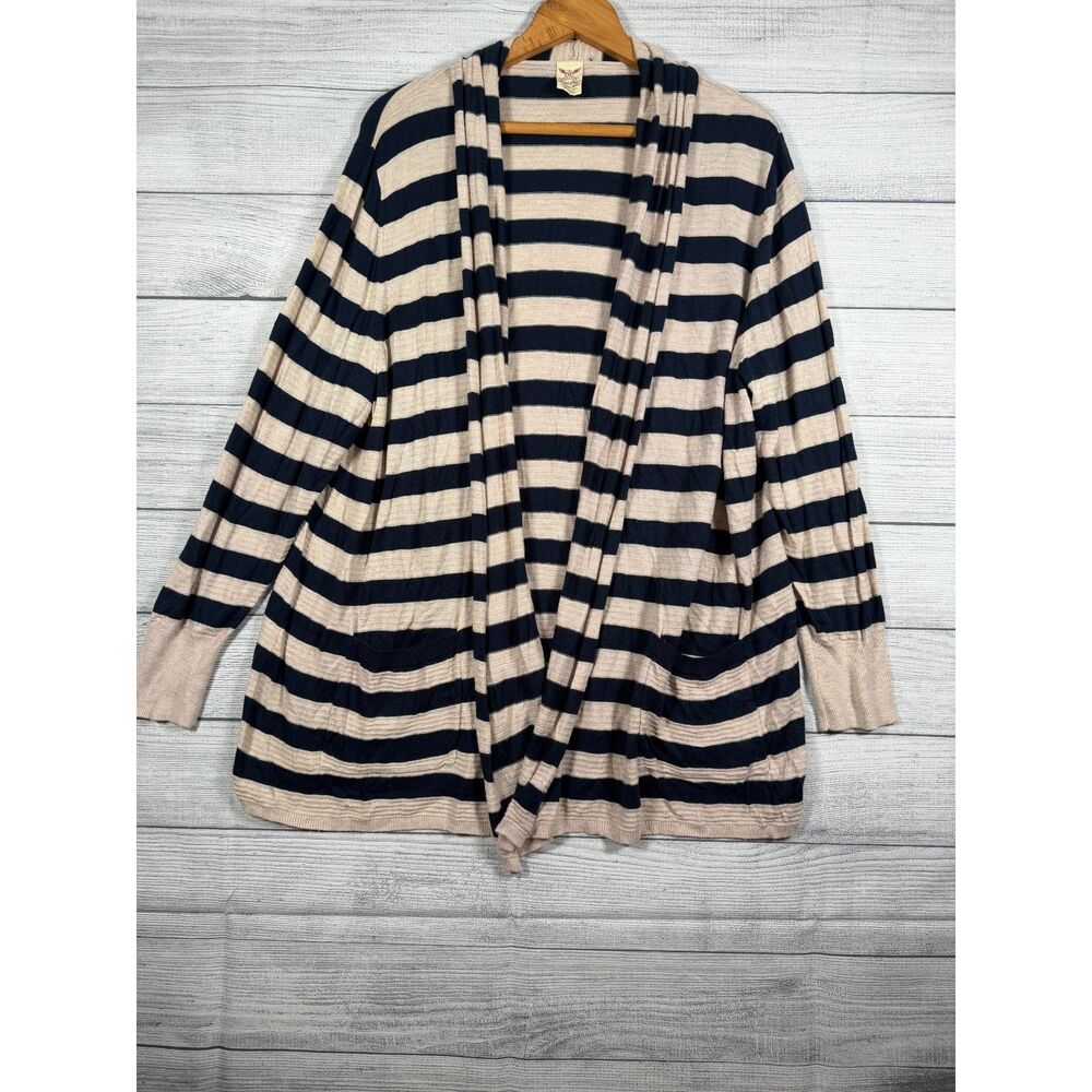 Faded Glory Womens 4X 26W-28W Navy Tan Striped Open Cardigan Sweater 4243